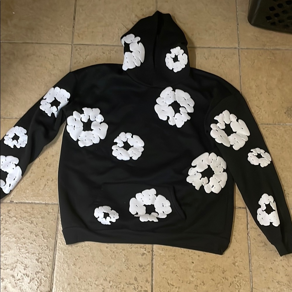 Black Hoodie with White Floral Design